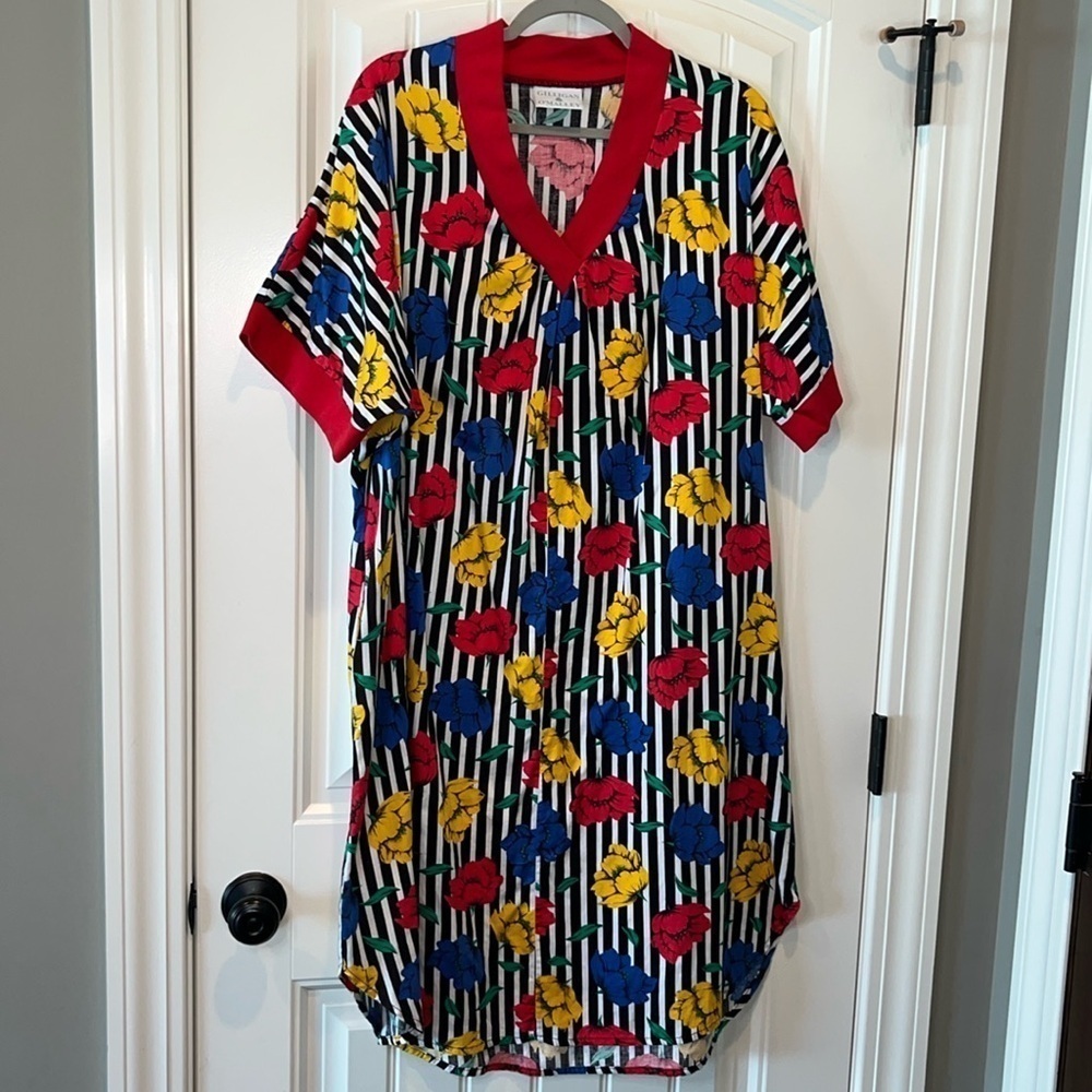 Bright colorful flower power hippie retro housecoat nightgown L XL